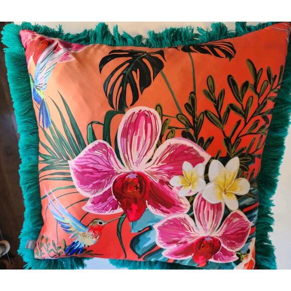 Teal Orange Pink Decorative Throw Pillow 18X18 Tropical Floral Hummingbird - Picture 1 of 7